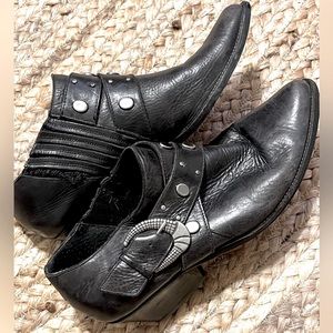 Leather studded belted slip on booties